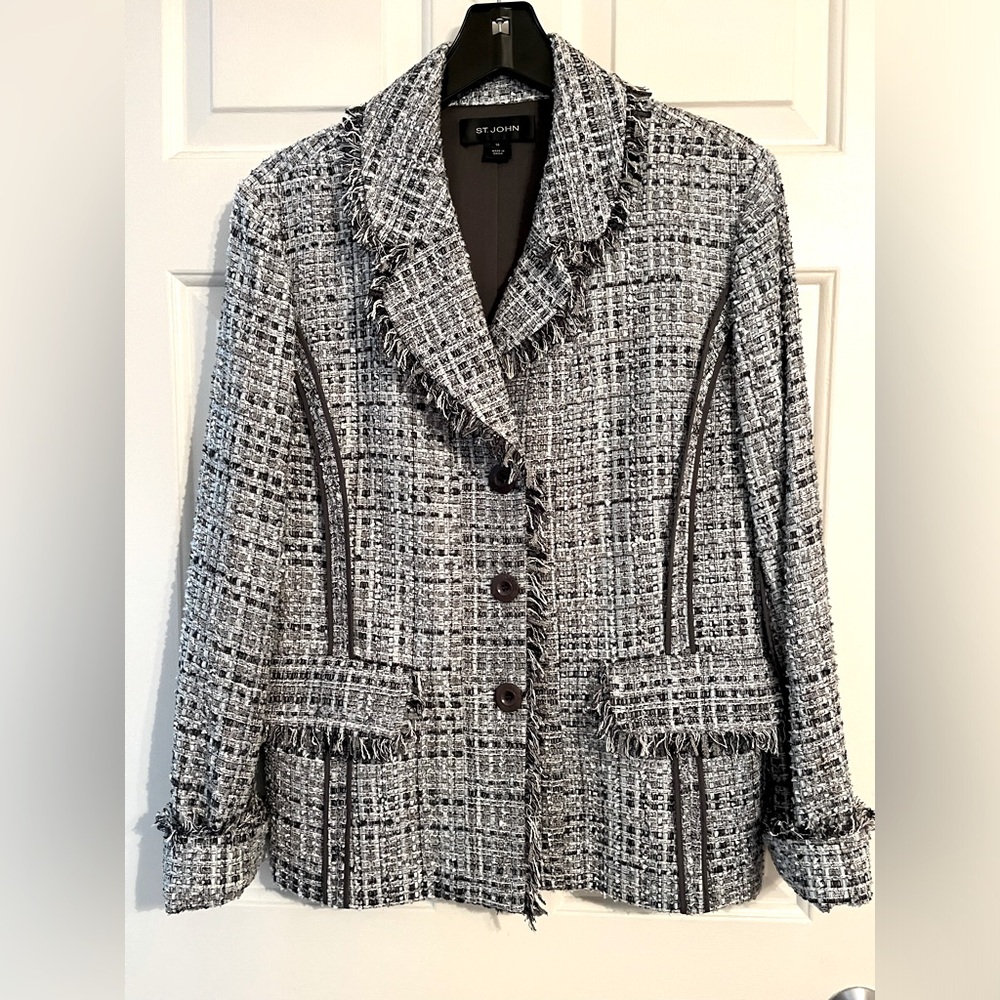St John Three Button Boucle Tweed Blazer
